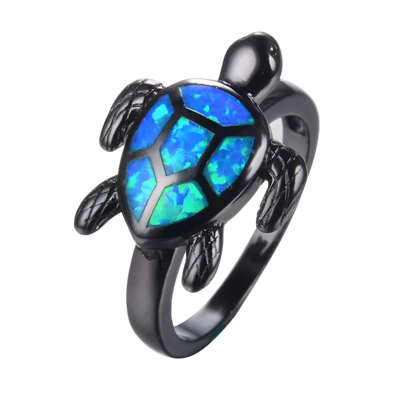 

Unique Turtle Blue Fire Opal Animal Rings For Women Wedding Band Fashion Jewelry Vintage Black Gold Filled Cocktail Ring RB1034