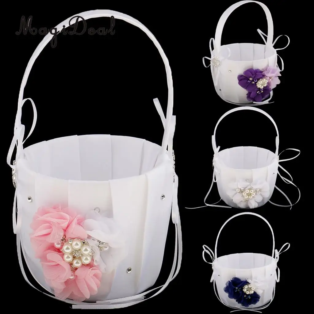 

Romantic Bridesmaid Petals Flower Girl Wedding Ceremony Basket Satin Pearls Double Crystal Heart Wedding Accessories