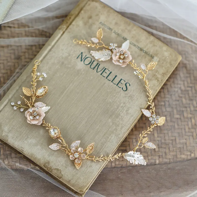 

Beautiful White Enamel Headband Rose Flower Hair Comb Bridal Crown Hair Accessories Gold Copper Leaf Hairpin Set