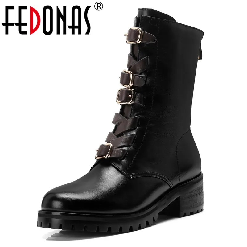 

FEDONAS Brand Women Mid-calf Boots Thick Heels Autumn Winter Motorcycle Boots Punk Ladies Party Night Club Shoes Woman High Boot