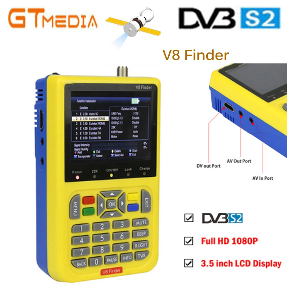 

GT MEDIA V8 Finder Satellite signal Finder V-71 HD DVB-S2 MPEG-2/MPEG-4 FTA Digital Satellite meter 3.5 inch LCD Display satlink