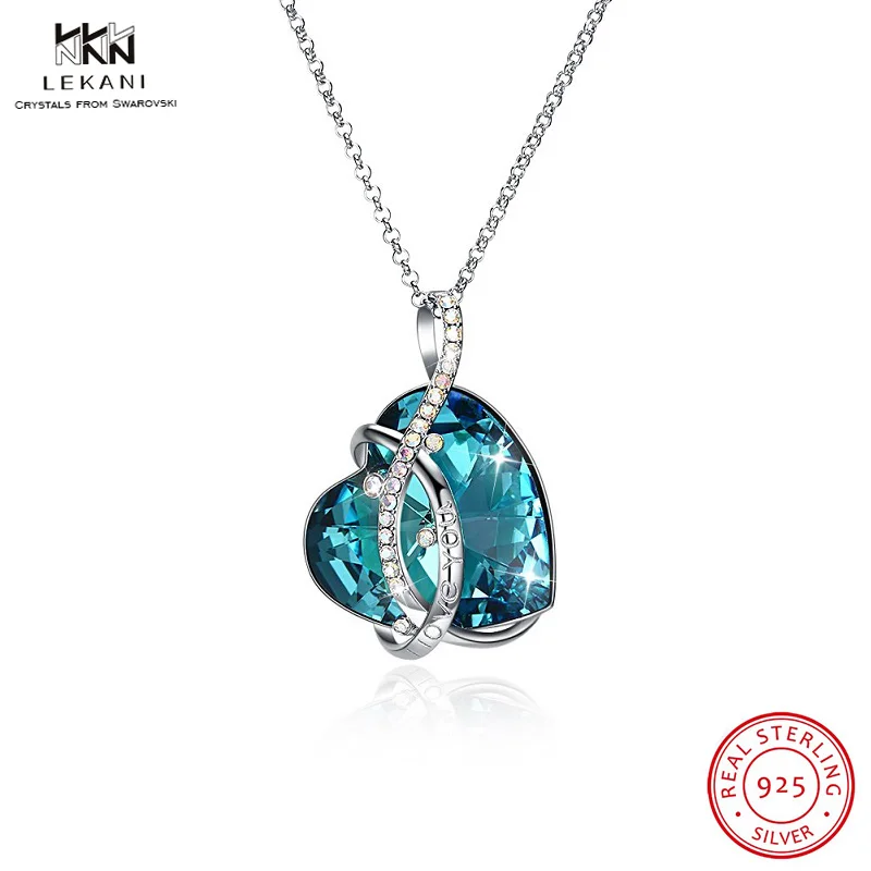 

LEKANI Crystals From Swarovski Necklace 925 Luxury Heart Shaped Women's Necklace Pendant Blue Crystal Irregular Vintage Jewelry