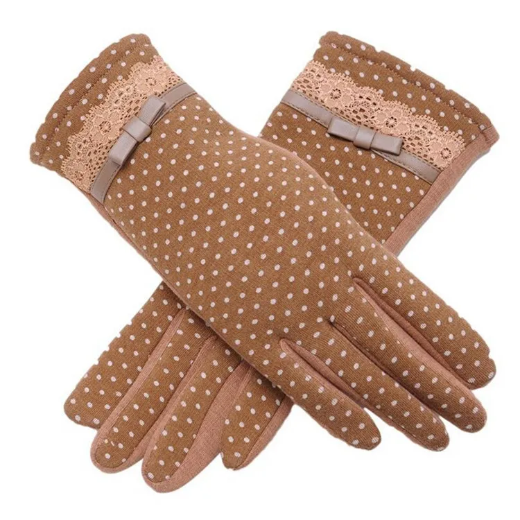 YRRETY New Winter Women Fashion Gloves Autumn Elegant Lace Splice Warm Mitts Full Finger Mittens Cashmere Female Wrist Gloves - Цвет: G126 013A Khaki