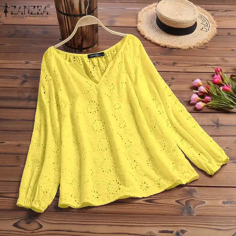  Fashion Hollow Tops Women's Summer Blouse 2019 ZANZEA Autumn Long Sleeve Shirts Female V Neck Lace 