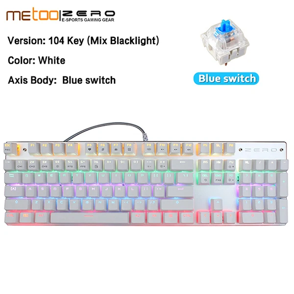 Игровая клавиатура Metoo ZERO, Проводная Механическая клавиатура, синий/черный/красный светодиодный переключатель с подсветкой, без коллизий, N key rolllover 87 104 клавиш - Цвет: 104White Blue Switch