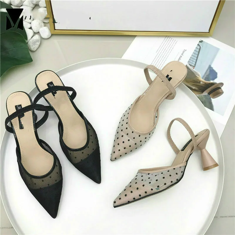 

QWEDF Designer Lace Sandals Polka Dot Lace Cat Heels Slippers Women Belt Wedges Sandalias Summer Shoes Ladies Flipflops A7-136