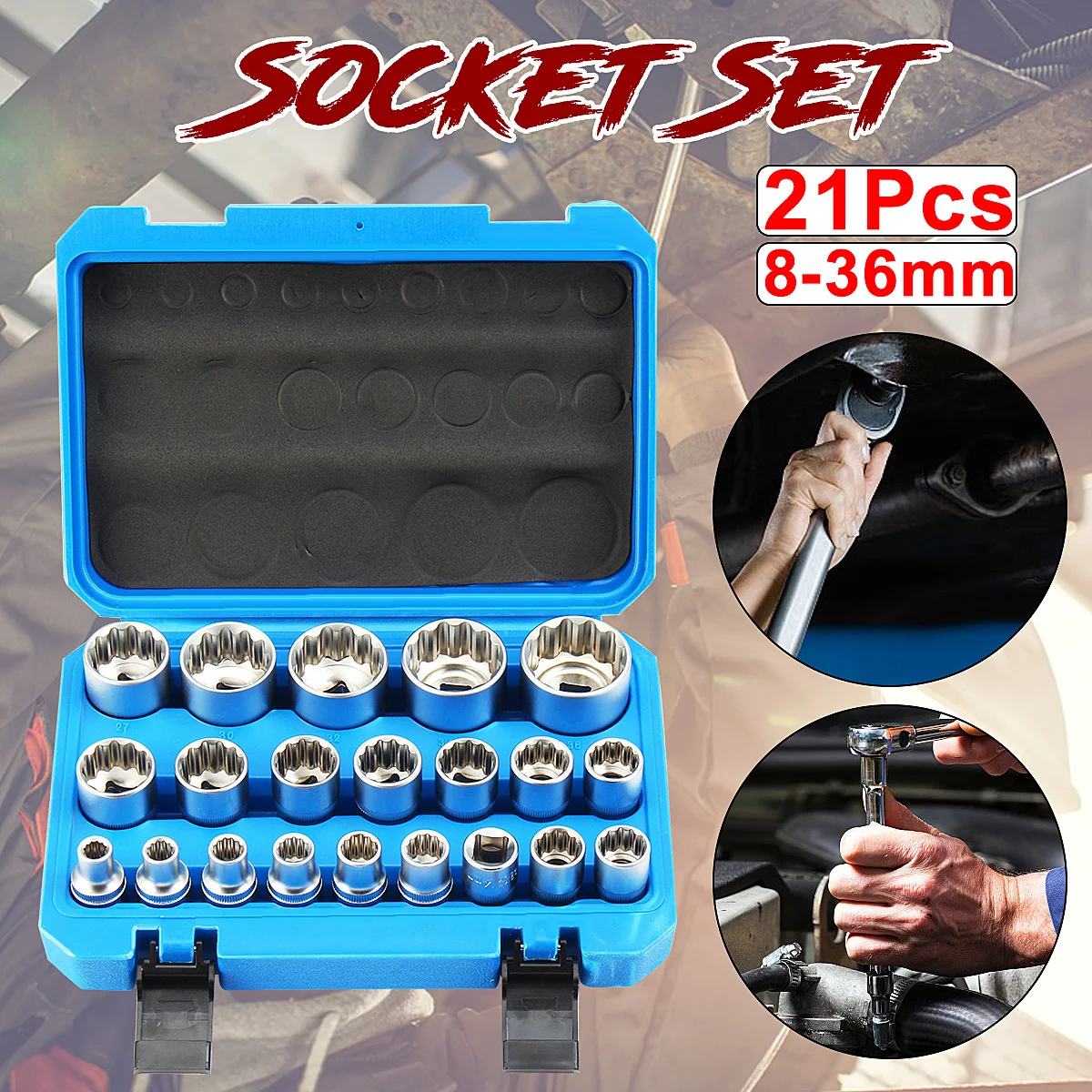 

21Pcs 1/2" Inch Drive Shallow 12P Socket Set 8mm - 36mm Garage Workshop Tool