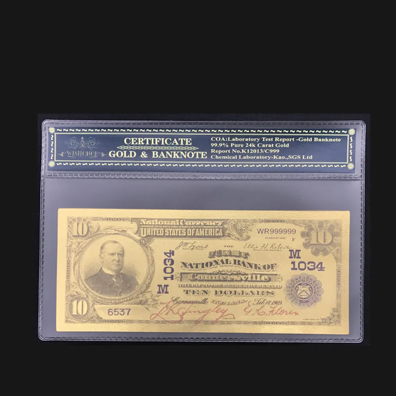 Высококачественная цветная американская золотая банкнота 1902 года, 10 долларов в золотистой фольге 24 к с пластиковой рамкой для подарка