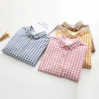 

New Summer Turn Down Callar Shirts Women Casual Tops Women's Long Sleeve Plaid Blouse Clothing vadim2019