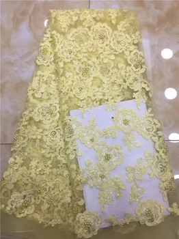 

Elegant yellow flower embroidery French tulle material fashion net lace fabric with beads PNZ913(5yards/lot)