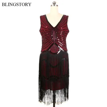 

BLINGSTORY High Quality Gorgeous 1920S Sequin Bead Vestidos De Festa Curto V Collar Red Fringe Flapper Dress KR7015