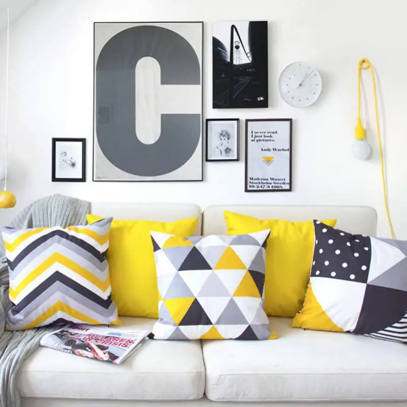 

Nordic Style Yellow Gray Geometric Cushion Modern Simple Striped Triangle Lattice Decorative Throw Pillows Headrest For Chair
