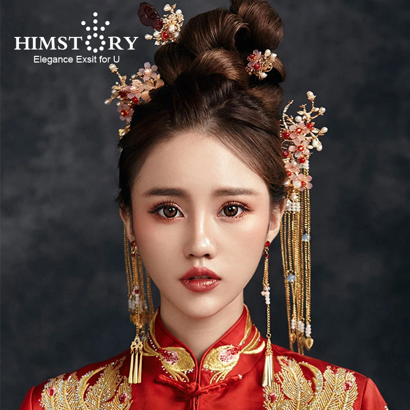 HIMSTORY Traditional Chinese Bride Headdress Costume Hairclips Floral Hairpin Wedding Hairwear photography Hair Stick Accessory