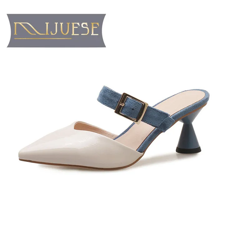 

MLJUESE 2018 women slippers summer Black color metal decoration low heel pumps beaches mules slingbacks women size 34-43