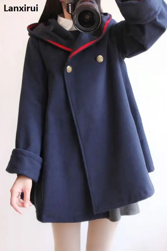 navy blue regular Модное женское Шерстяное Пальто в европейском стиле, зимнее осеннее пальто пончо и накидки, Женская куртка с капюшоном, повседневный Тренч - Цвет: navy blue regular