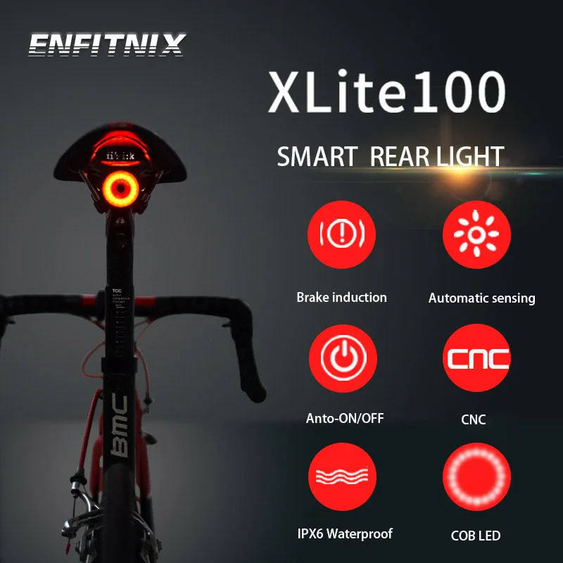

Enfitnix Smart Rear Bike Light Luz Bicicleta XLite 100 Tail Light Auto Start/Stop Braking Sensing LED Light Waterproof IPX6
