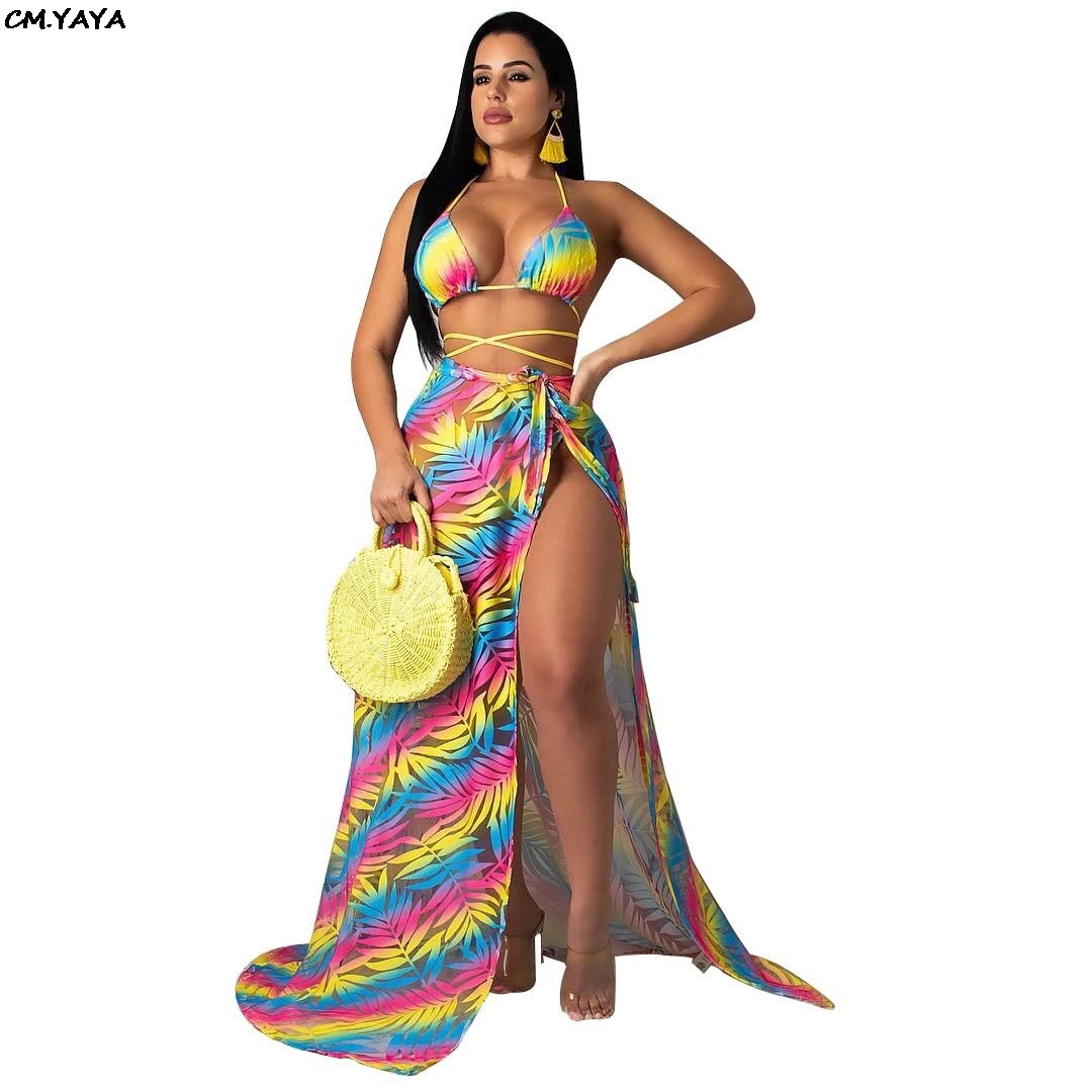 

2019 new women beach leaf bohemian print chiffon high side split skirt halter bra panties 3 pcs set sexy bodysuit Y5097