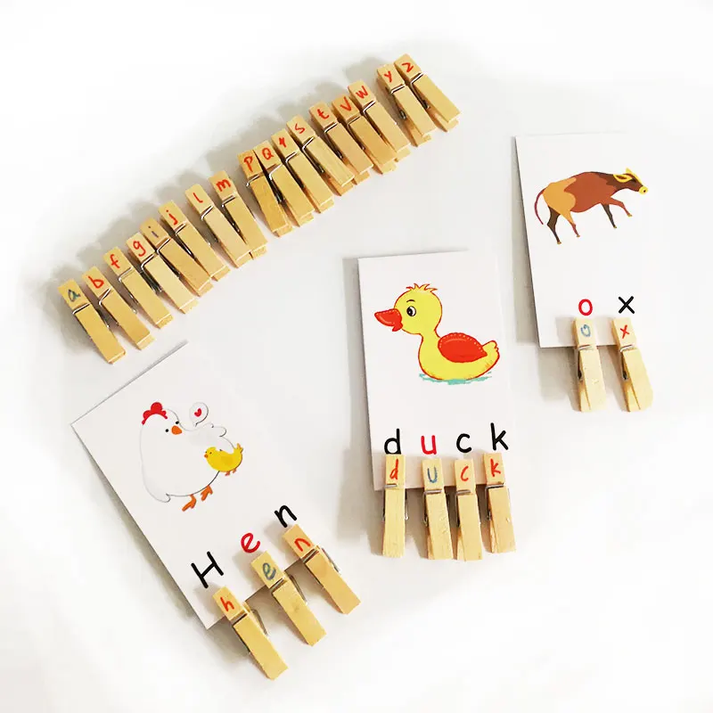 Cartão de Palavras de Aprendizagem Montessori de Material Brinquedos de Madeira para Crianças Clips Conjunto Montessori Educacionais Juguetes Língua E2464h 4 Clips Cartão De palavras de Aprendizagem Conjunto