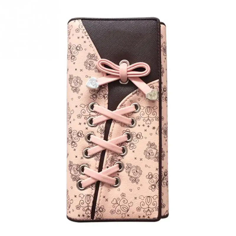 

Women lady fashion Wallets ties Shoelace PU Leather Wallet 3-deck Female Hasp Dollar Price Vintage Long Wallets Purse hand bag