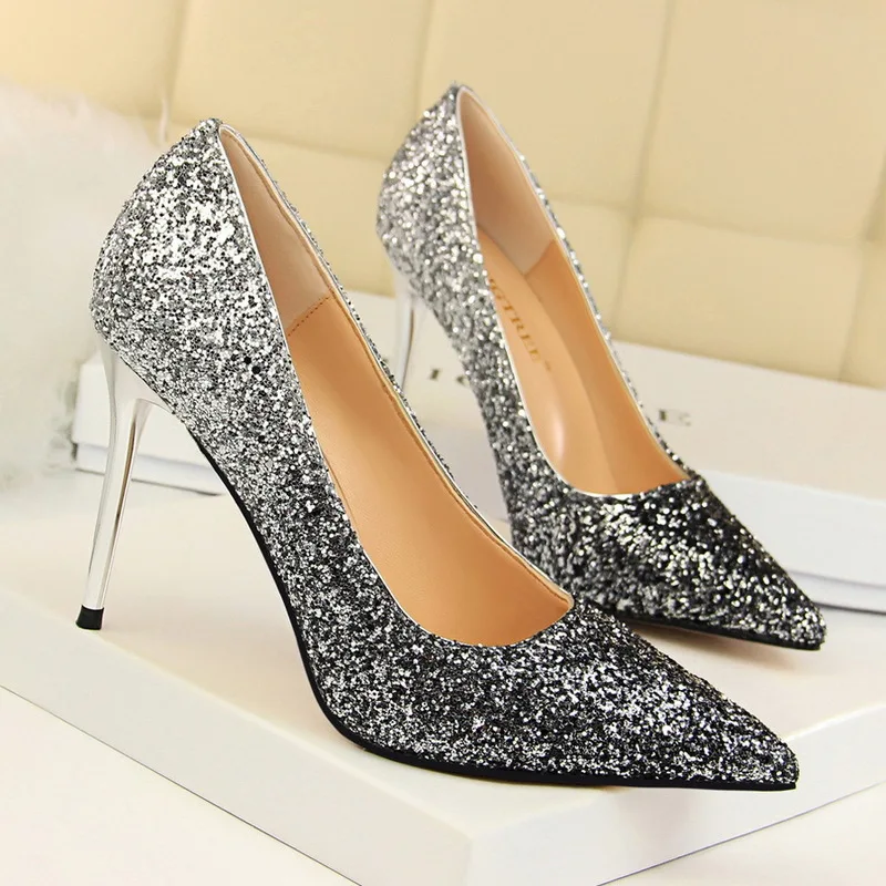 

Women Pumps Sexy Sequined Cloth Sexy Slim 9.5cm Thin High Heels Women Wedding Shoes Party Nightclub Pump
