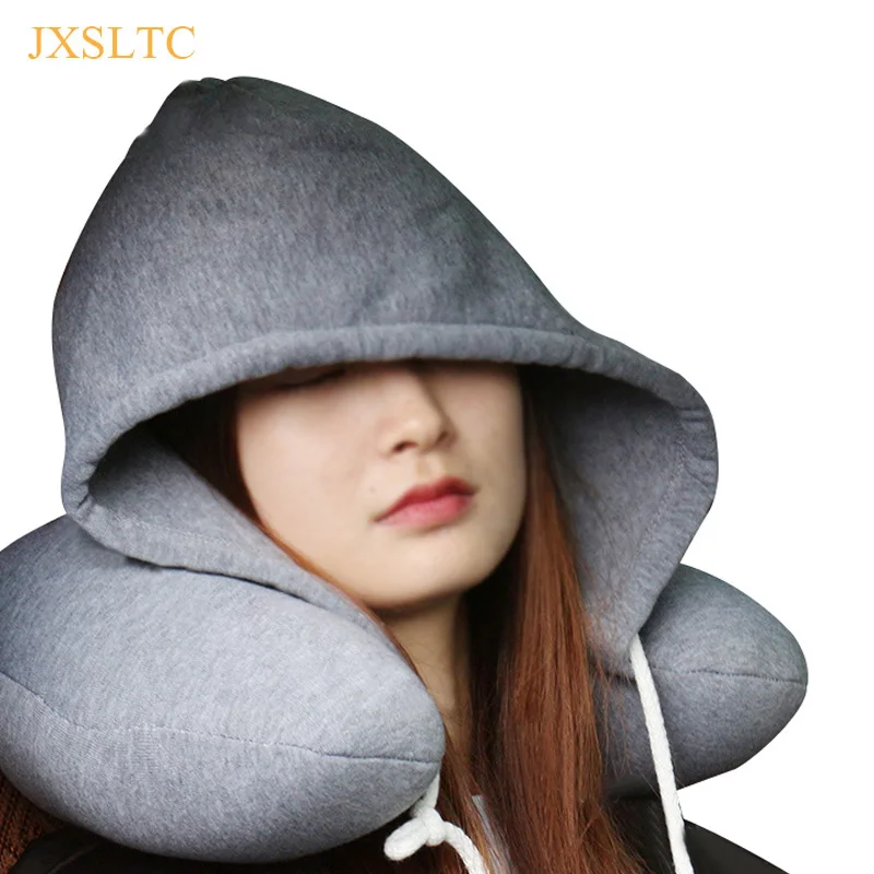 JXSLTC Travel Accessories Soft Hooded  U Shaped Pillow Hat Solid Color Bedding Body Pillows With Cap For Men Women Body Pillow