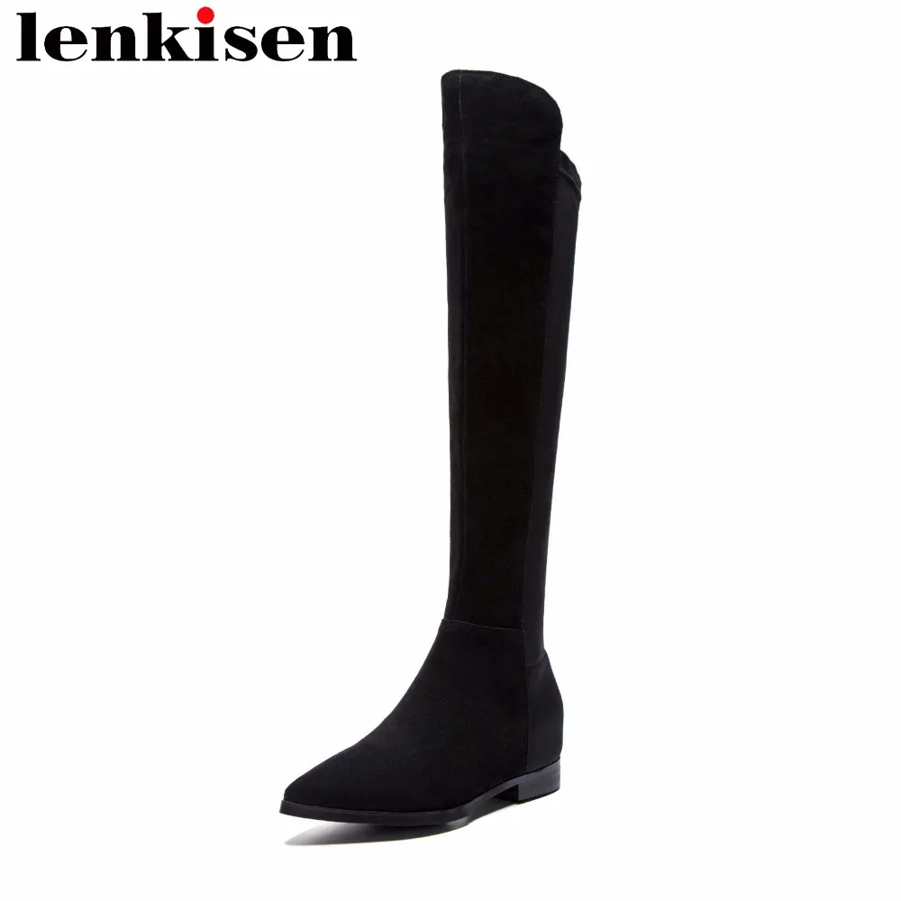 

Lenkisen mixed colors cow suede low heels pointed toe zip mujer fashion over the knee boots women big size 34-43 mixed color L10