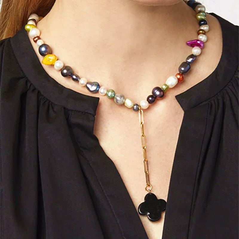 Богемное модное ожерелье из разноцветного жемчуга, Дамское очаровательное ювелирное изделие в стиле барокко, четырехлистный кулон в виде клевера, колье