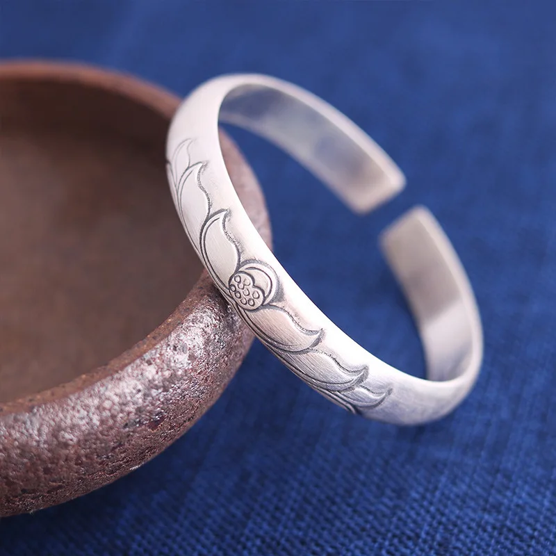 

2019 Top Fashion Boys Bangle Simple Fashion The New Bracelet Archaize Do Old Lotus Opening Fine Solid Ethical Wind 999