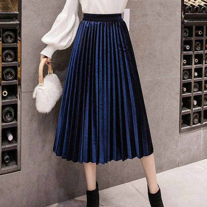 Velvet Skirt Skinny Large Swing Long Pleated Women Skirts Autumn Winter Plus Size Faldas Saia Female Jupe