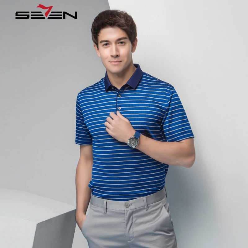 Seven7 Brand Luxury Striped Print Comfort Polo Shirt Casual Men Short