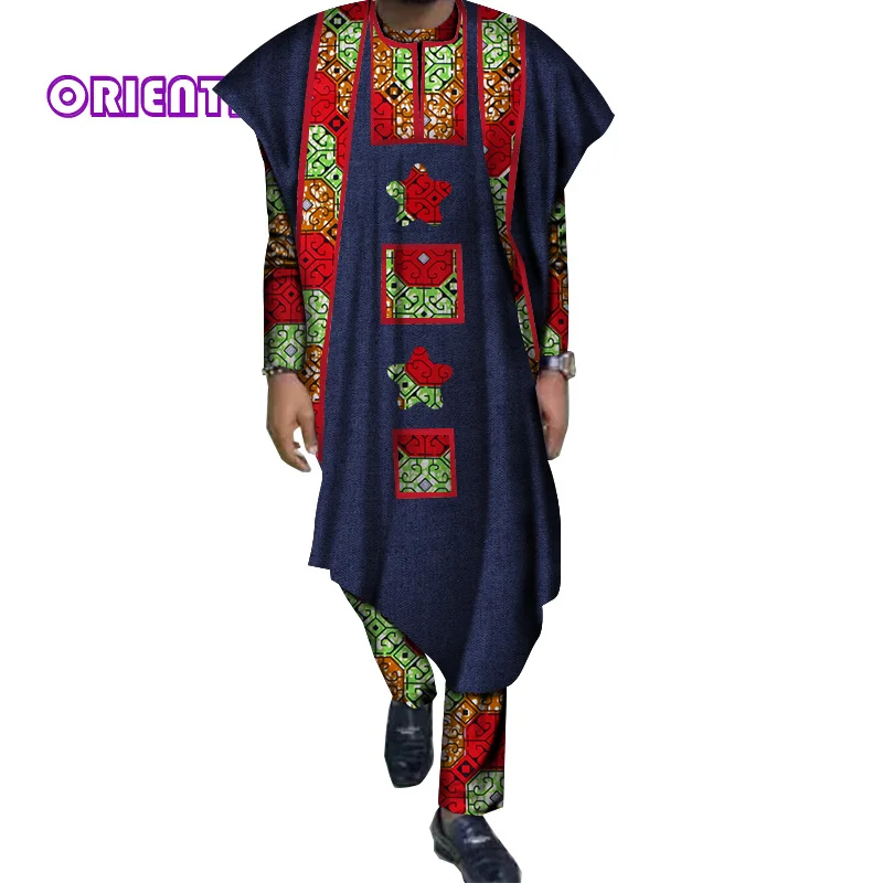 Костюм Для мужчин комплект рубашка с длинными рукавами бальное платье и штаны комплект традиционные африканские Базен Riche топы с принтом