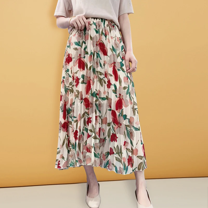 

Floral Skirts Women Long Skirt Pleated Summer Women Vintage Ladies Long Skirts For Women Office Pleated Chiffon Skirt Maxi