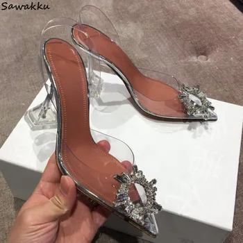 

Bling Bling Party Shoes Woman PVC Transparent Crystal Sandals Summer Clear Heels Pointed Toe Strange Heel Slingbacks Pumps