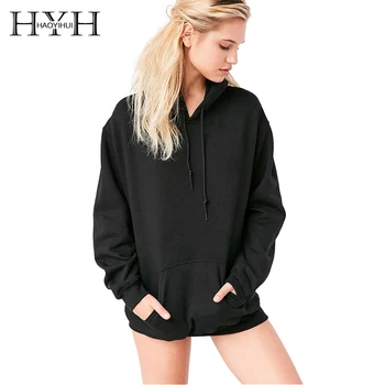 

HYH HAOYIHUI 2018 Autumn Fashion Solid Casual Sweatshirts Women Pocket Lace Up Long Sleeve Hoodies Female Loose Pullovers Lady