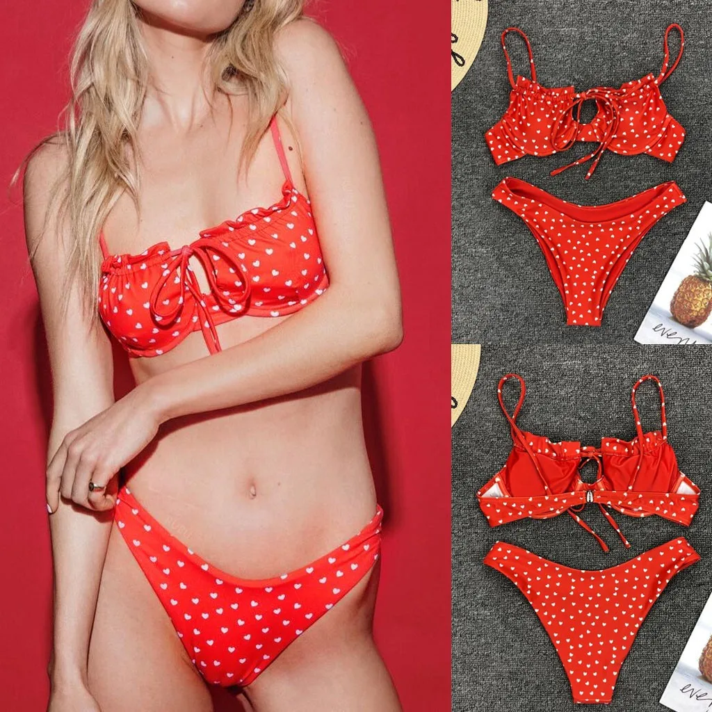 

Women Sexy Ruffle Bikini Set Swimsuit Pushup Padded Bra Ruched Heart Print Swimwear Underwire Summer Bikini for Beach Holiday #M