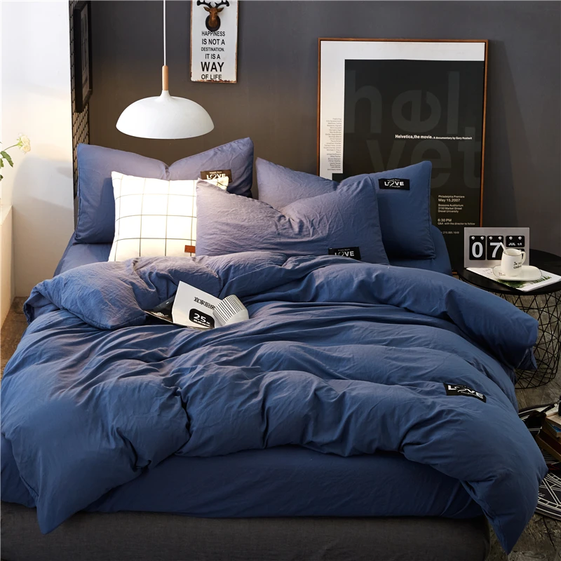 

Mian Wei Thickening Washed Cotton Layout Design Bedding Sets Duvet Cover 4pcs Bed sheets Twin Queen Sizes Solid Color Blue