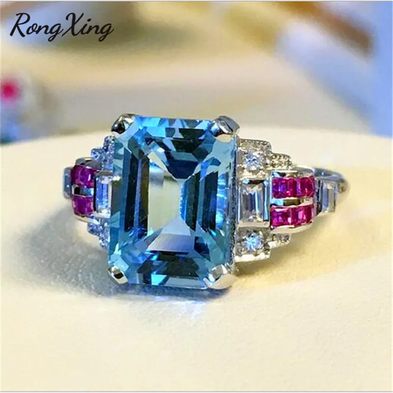 

RongXing Ocean Blue Square Stone Luxury Wedding Rings For Women White Gold Filled Birthstone Ring Promise Engagement Jewelry