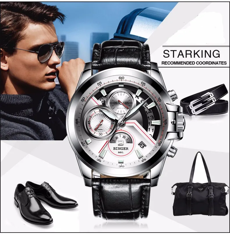 Последним Luxury Brand БИНГЕР Мужчины бизнес Часы Мода Повседневная Часы Кварцевые Часы Военные часы Leatcher Наручные Часы