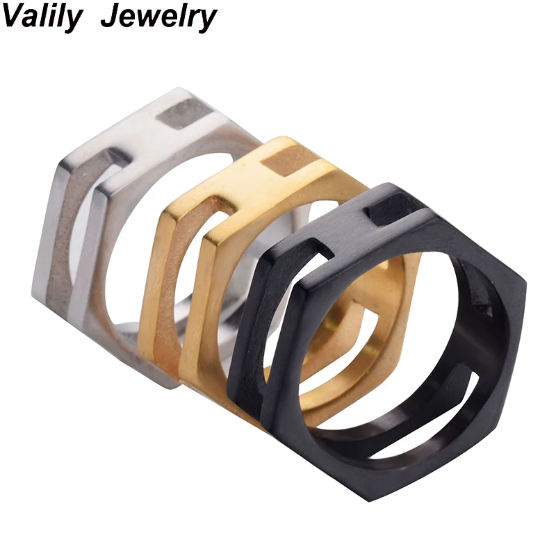 

EdgLifU Fashion Men Ring for Women Punk Black Simple Hexagon Shape Finger Rings stainless steel Geometric Design Jewelry
