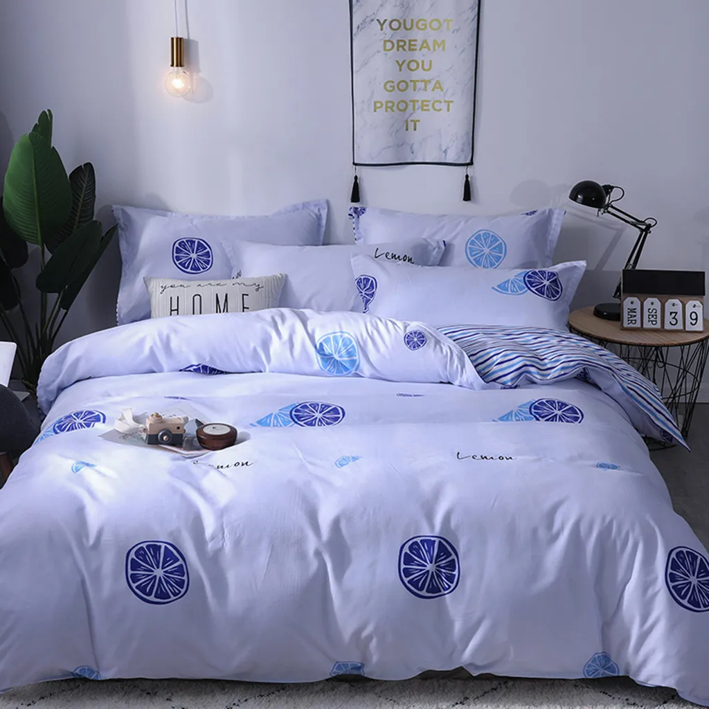 

2019 New Lemon Blue print Three Piece Polyester Bedding Tribute Cotton Pillowcase Creative Pattern Full Size