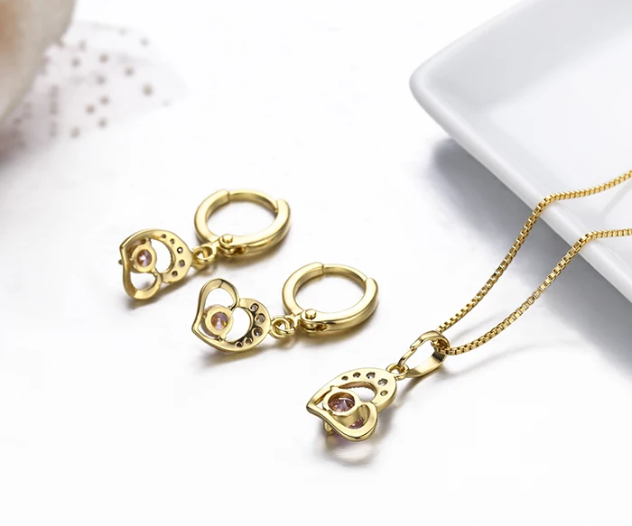 Cute Gold Color Love Heart with Pink or White CZ Drop Earrings Pendant Necklace Small Jewelry Sets for Women Children Girls Kids