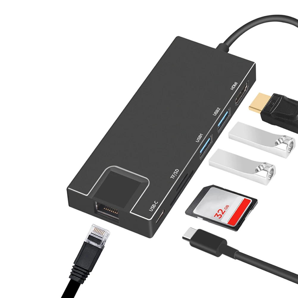 7 в 1 многофункциональная док-станция типа C к Hdmi + 2 порта Usb 3,0 Sd/Tf кардридер гигабитный сетевой порт Pd концентратор док-ста