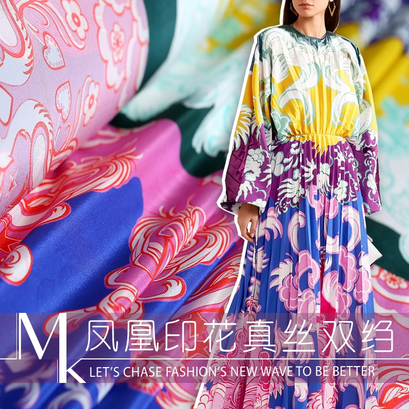 

19 Spring Summer New 136cm Wide 16momme 100% Silk Crepe De Chine Fabric Digital Printed for Diy Sewing Dress Shirt Free Shipping