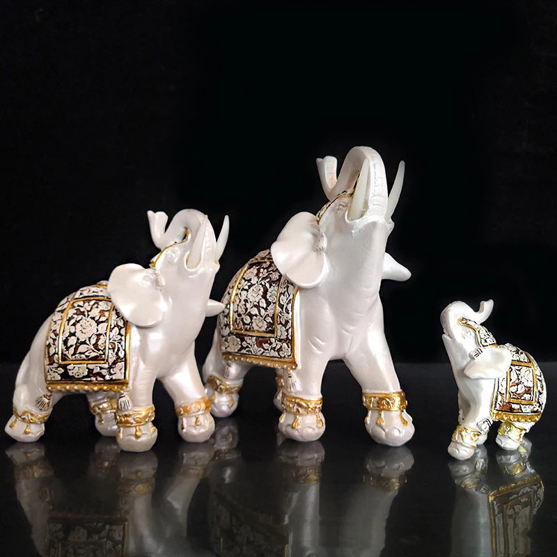 Статуя счастливого слона статуэтки слона смолы сад миниатюры Золотой фэншуй слон с хоботом украшение дома