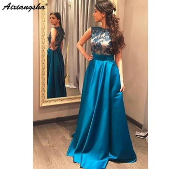 

Sleeveless Satin Evening Dress Lace Robe De Soiree Appliques Abendkleider Elegant Long Women Formal Dresses