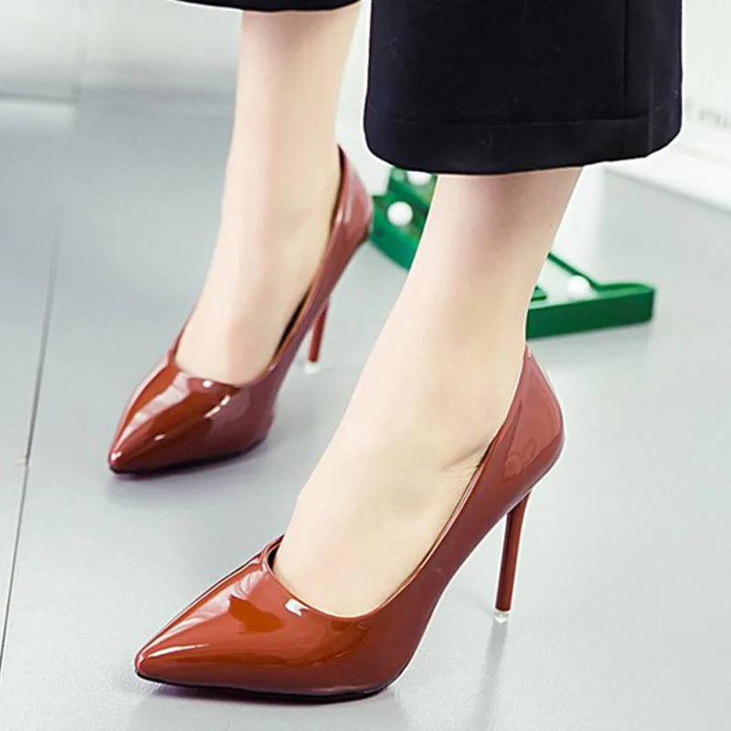 

Women Patent Leather Pointed Toe Thin Heel Autumn Pumps Female Basic Slip On High Heels Ladies Office Career Elegant Shoes