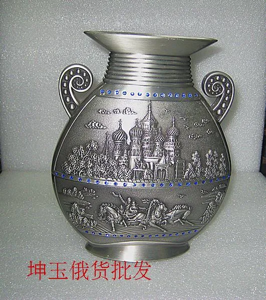 

Statue decoration factory outlets Russian Silver Tin decorative antique vase large oblate Blue Diamond Castle exquisite gifts