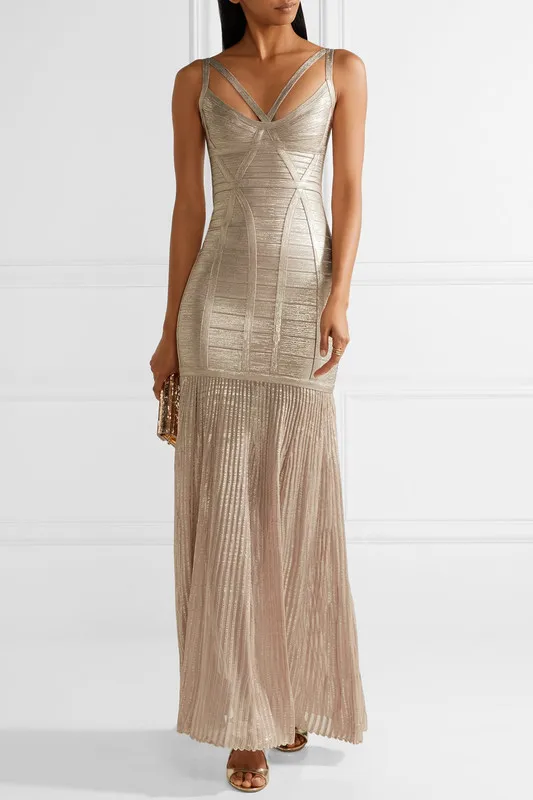 

High Quality Gold Purple Foiling Print Sleeveless Sheath Long Rayon Bandage Dress Cocktail Party Dress