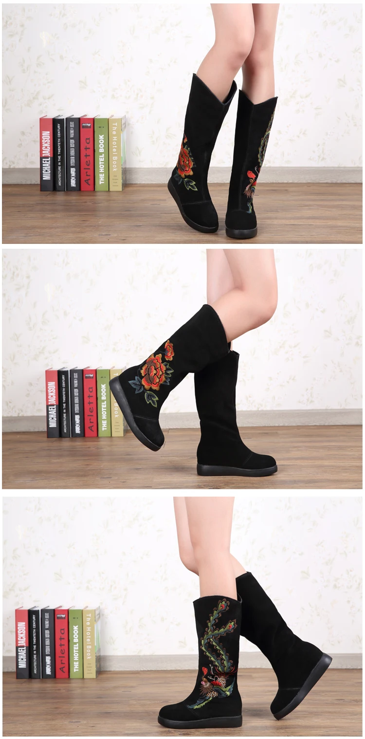 Женская обувь в китайском стиле; сезон осень-зима; модные сапоги до середины икры с вышивкой, увеличивающие рост; Размеры 35-39; sxq0812