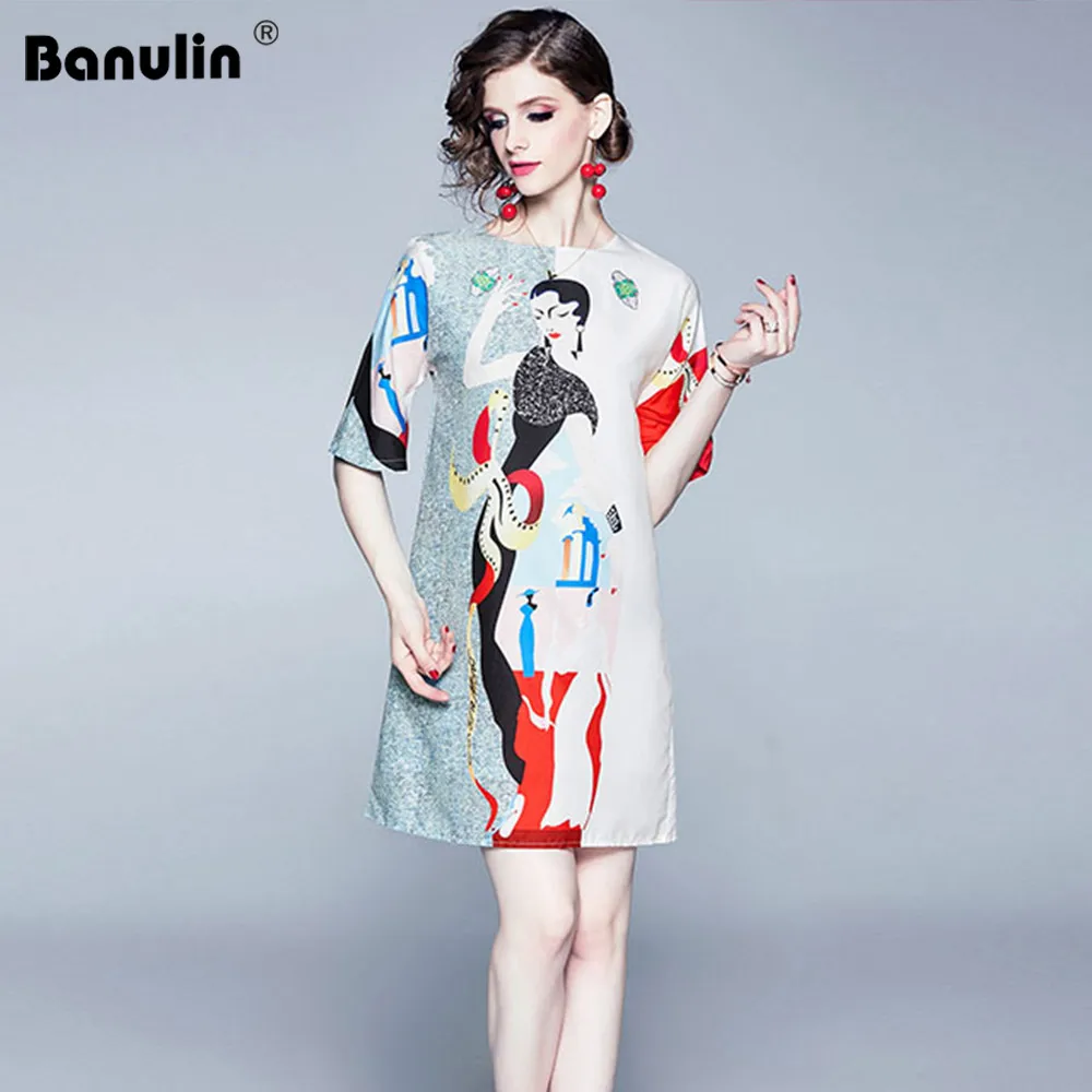 

Banulin New Fashion Designer Runway Summer Dress Women's Short Sleeve Cartoon Character Printed Short Dresses Vestido